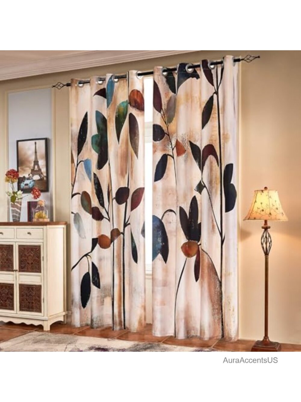 Set of 2 Brown Botanical Leaf Floral Print Curtains 84 Inches Living Room Decor